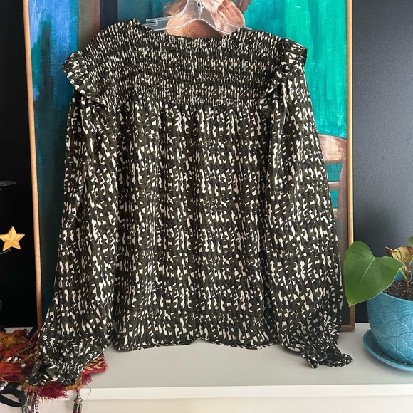 Zac & Rachel Green and Cream Smocked Blouse XL - Picture 8 of 16